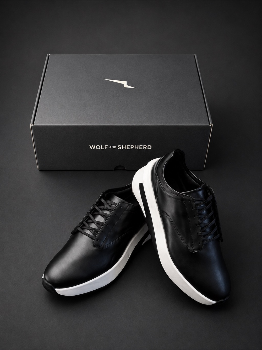 WOLF & SHEPHERD Super Crossover Premium Leather Sneakers Jet Black White Size 12
